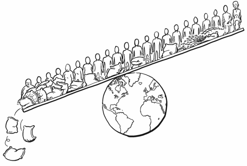 An illustration from the videos showing the imbalance of obesity and hunger in the world.